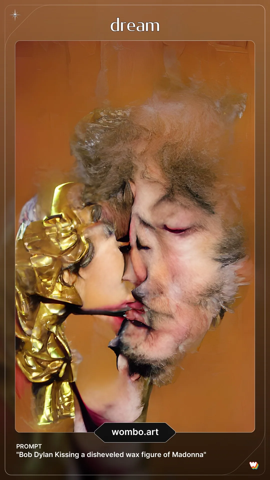 Bob Dylan kissing a disheveled wax figure of Madonna