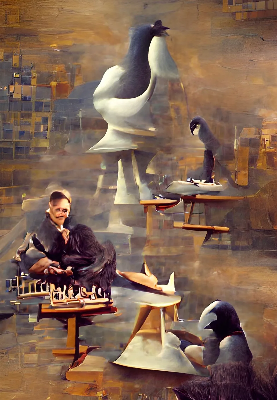 Duchamp teaching chess to Tesla's favorite pigeon