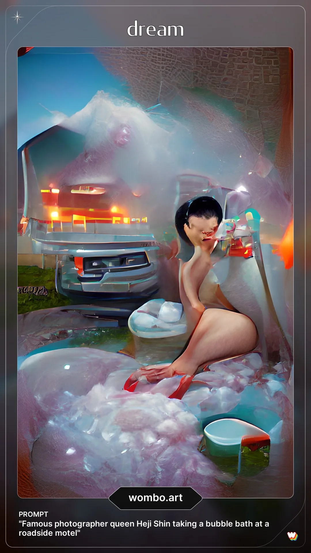 Famous photographer queen Heji Shin taking a bubble bath at a roadside motel