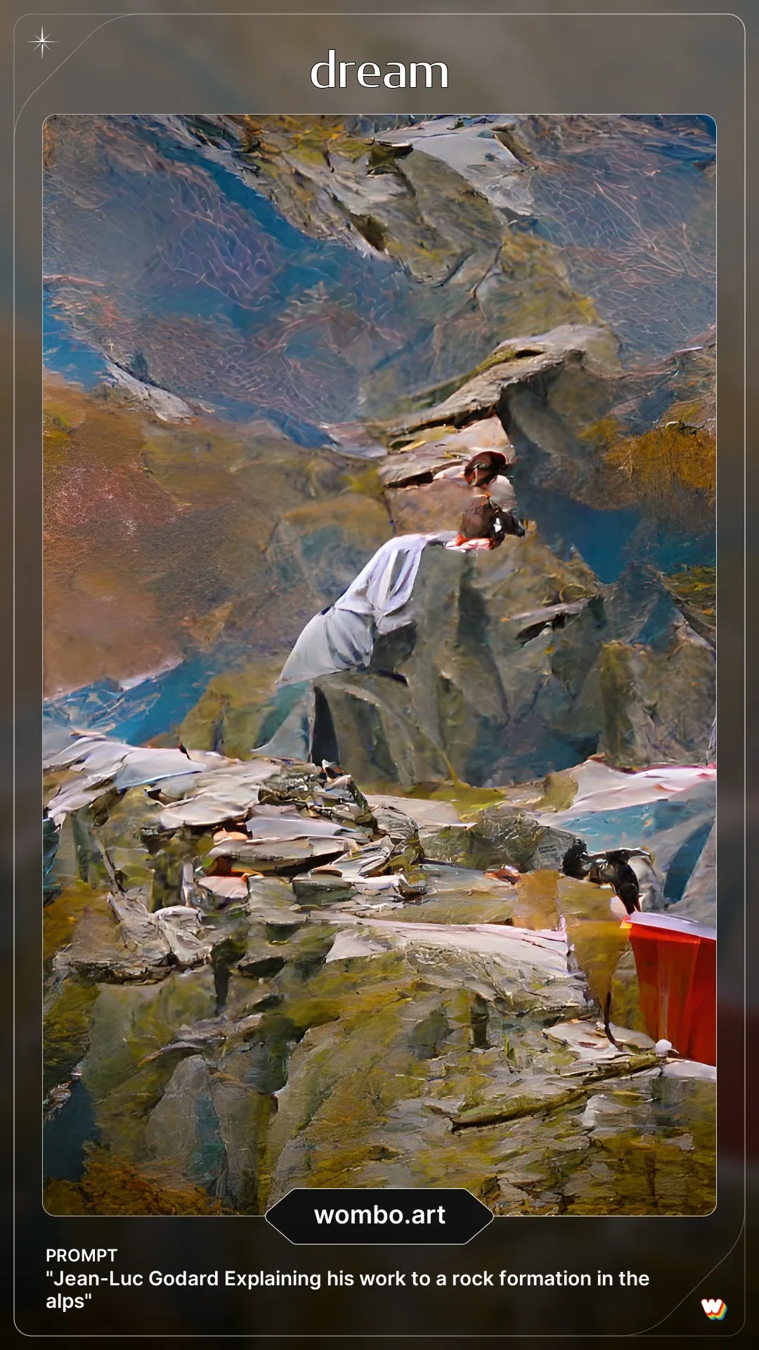 Jean Luc Godard explaining his work to a rock formation in the alps