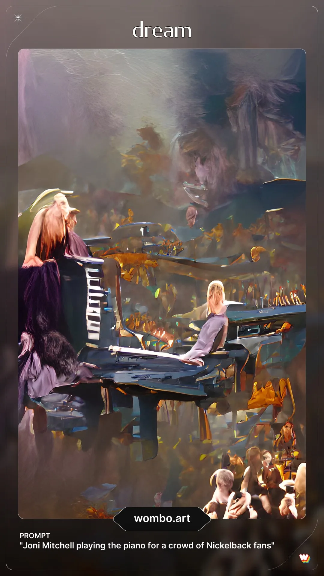 Joni Mitchell playing the piano for a crowd of Nickelback fans