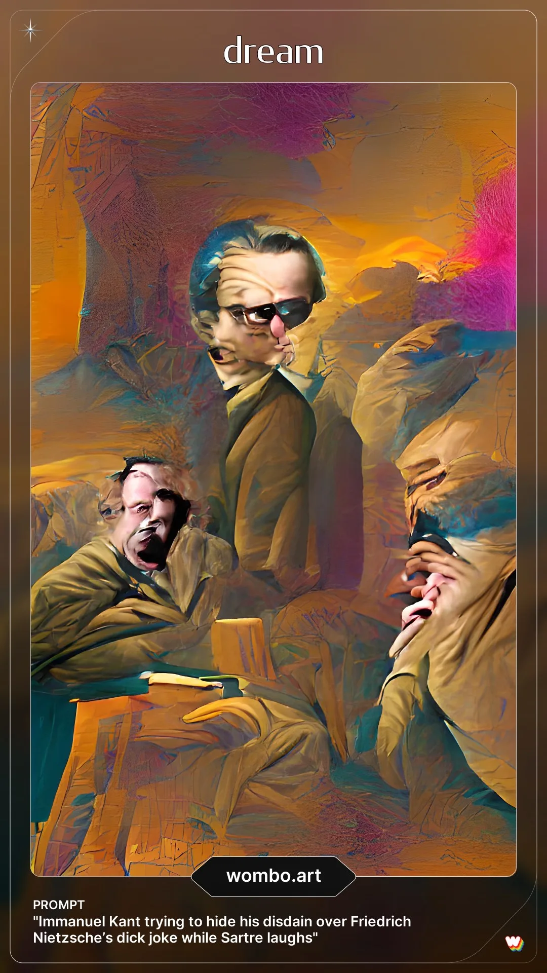 Kant trying to hide his disdain over Nietzesch's dick joke while Sartre laughs