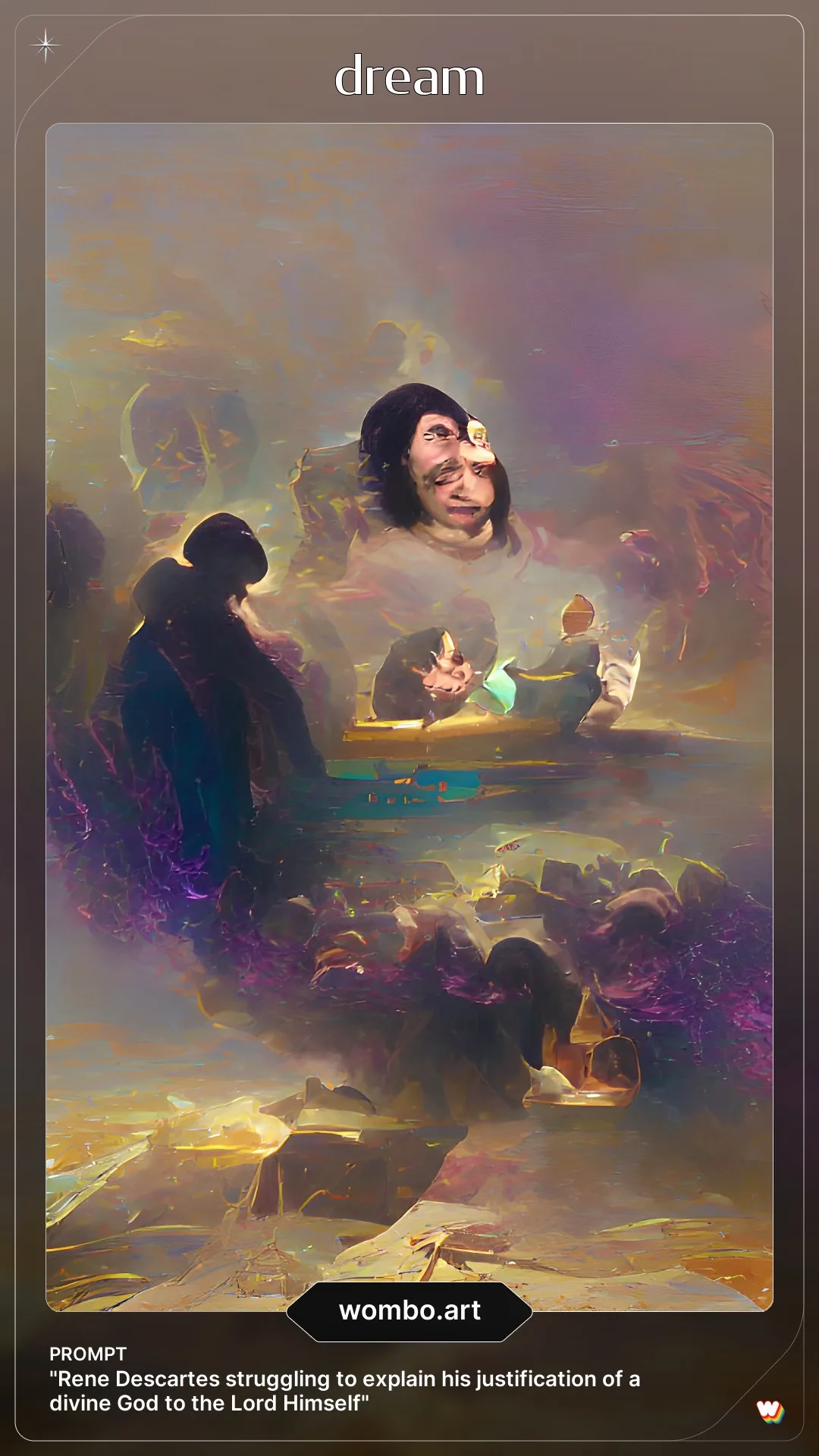 Rene Descartes struggling to explain his justifiacation of a divine God to the Lord himself