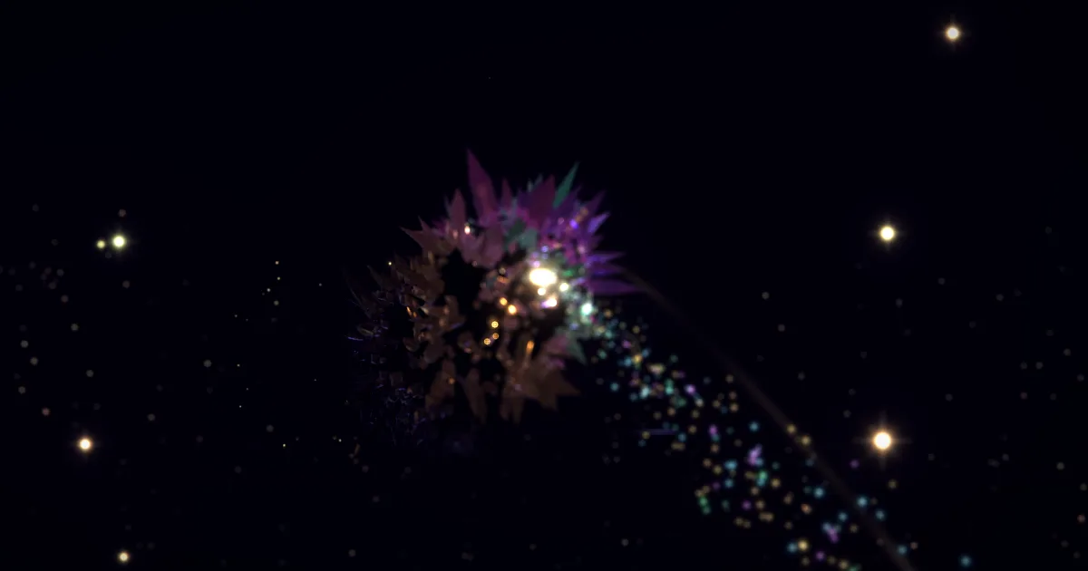 Strata — the crystal glowing in dark space, a trail of transaction motes drifting from it.