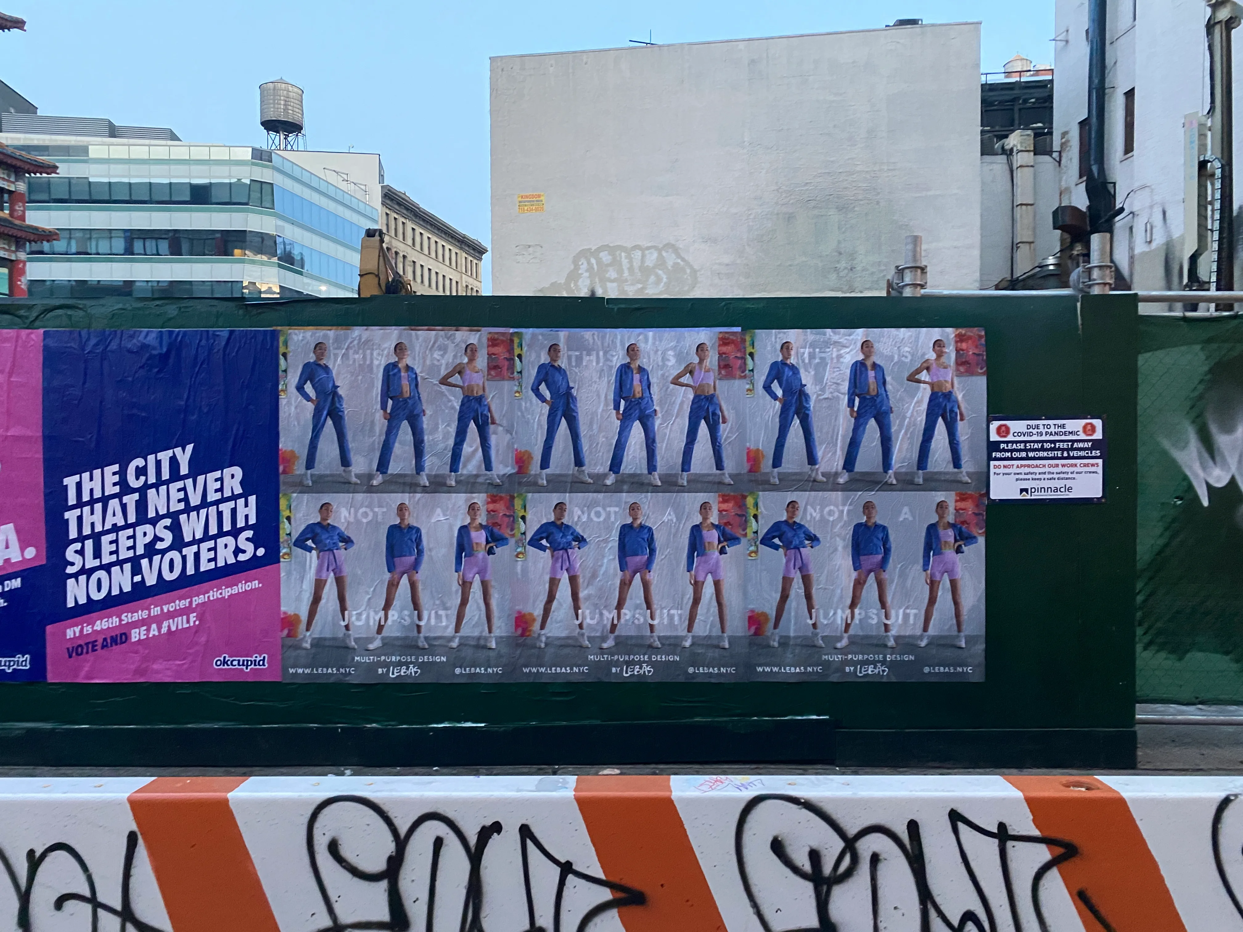 A grid of Lebas posters — the model repeated — beside an OkCupid ad.