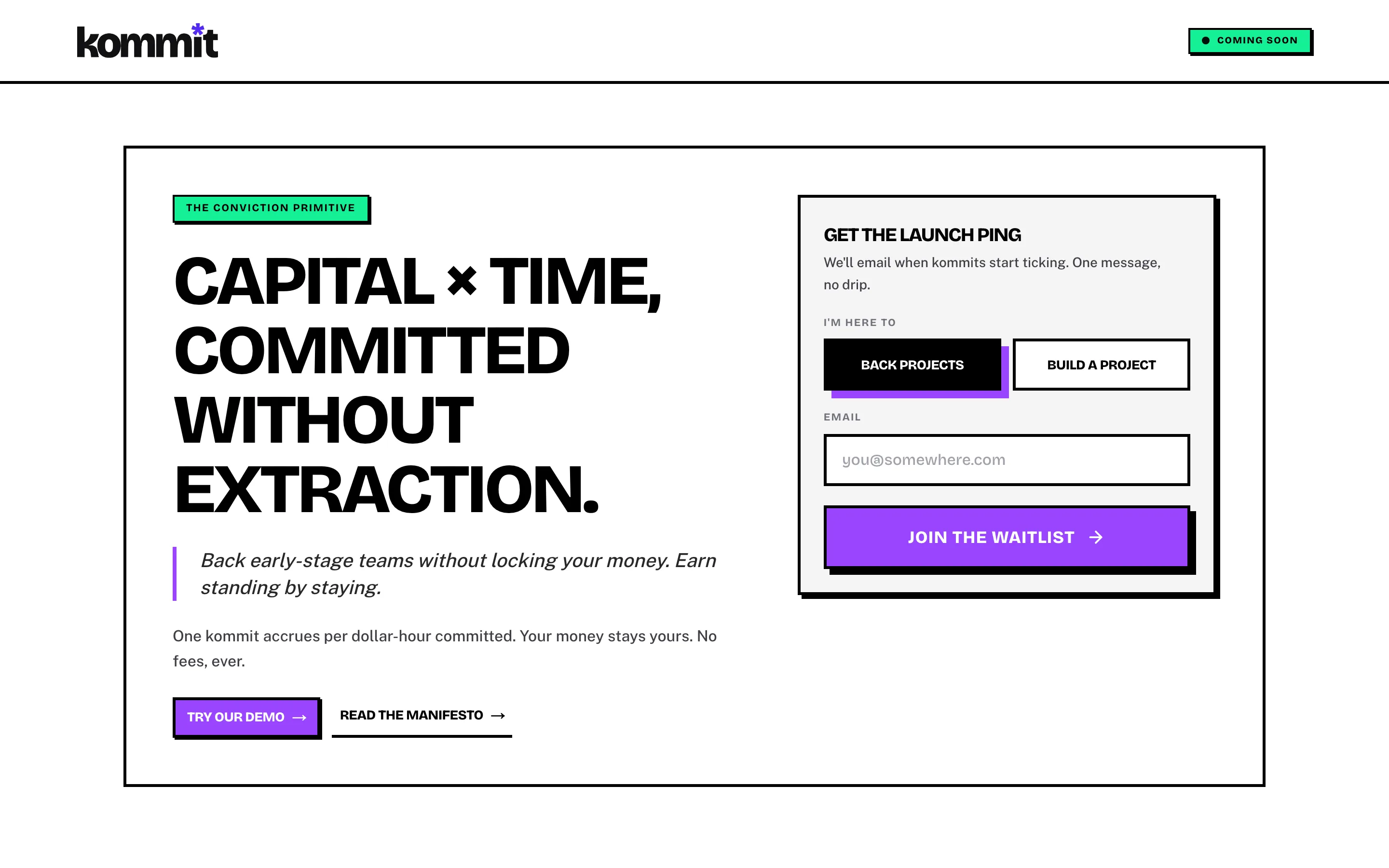 Kommit homepage — Capital × Time, committed without extraction.