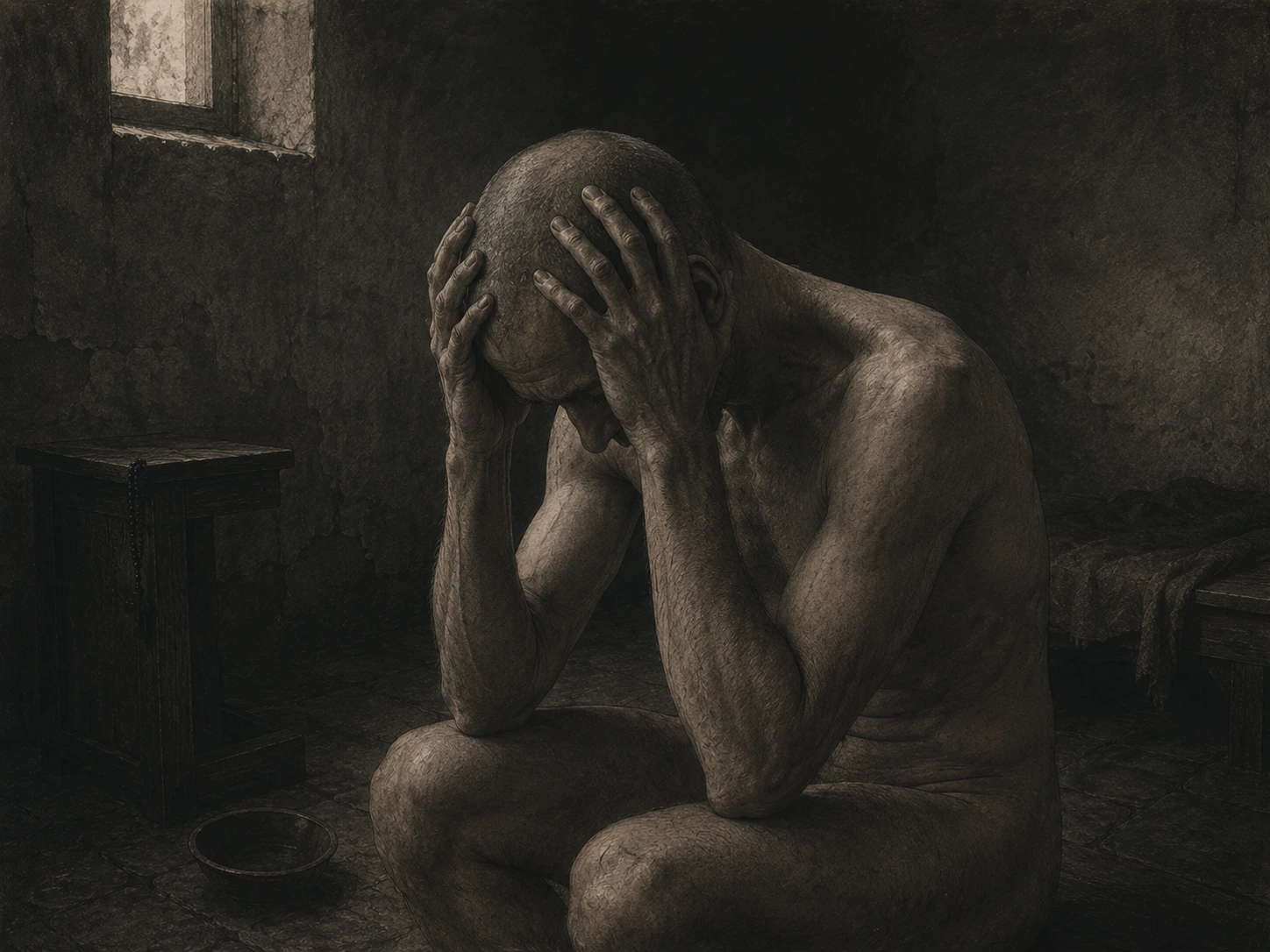 Act III interpreted in 2026: a naked, shaven-headed man sits folded inward in a bare monastic cell with both hands pressed to his head.