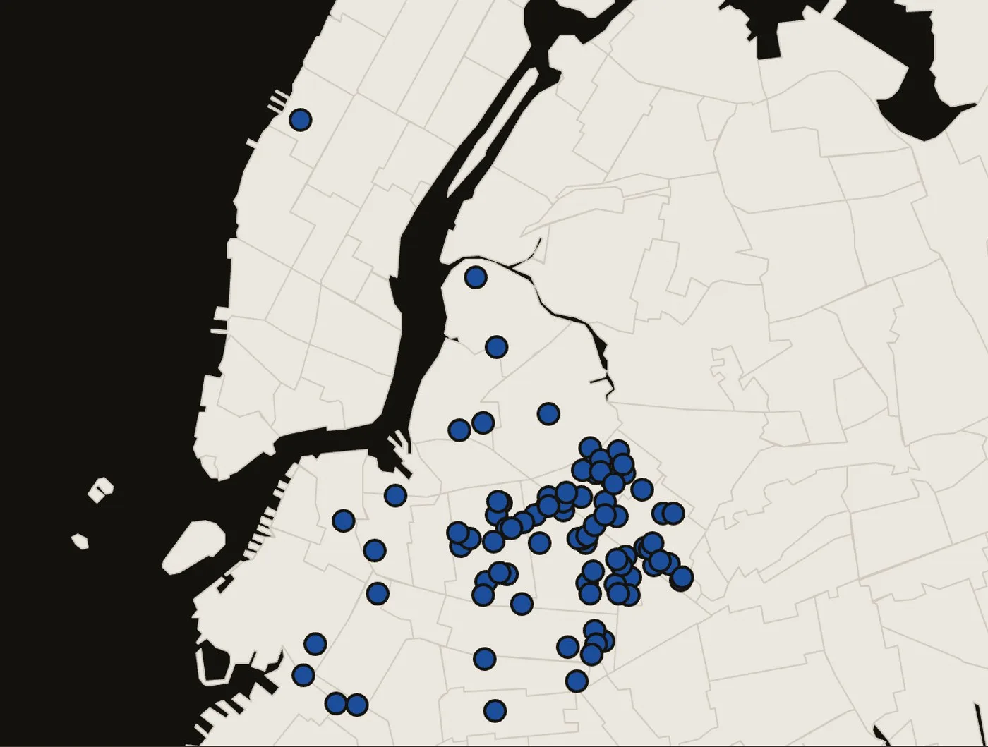 Every live listing pinned across New York, clustered over north Brooklyn.