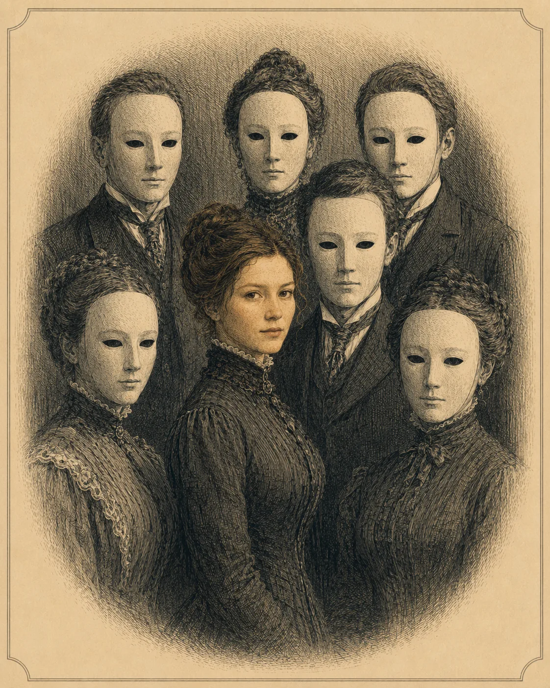 Seven figures — six masked, one unmasked.