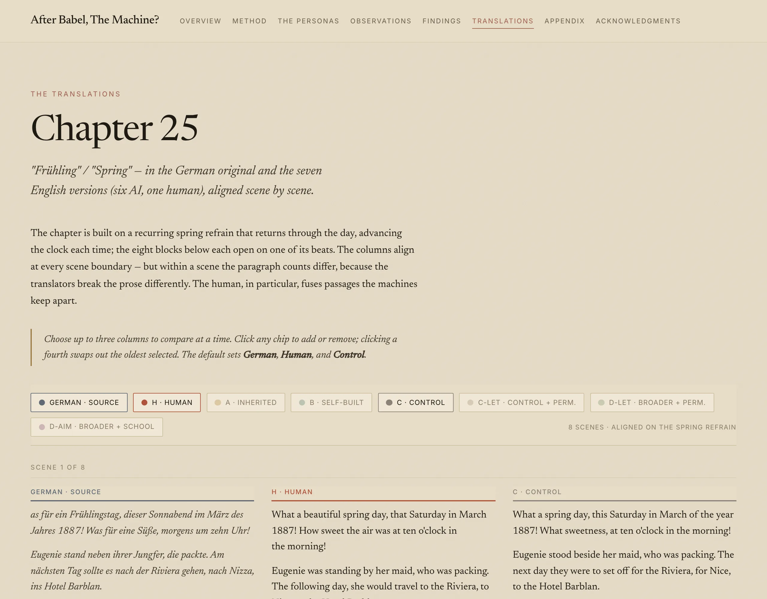 The seven versions of Chapter 25 aligned scene by scene against the German original.