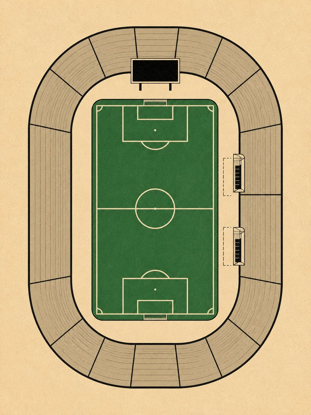 A stadium drawn from above — the bowl of stands around a green pitch.