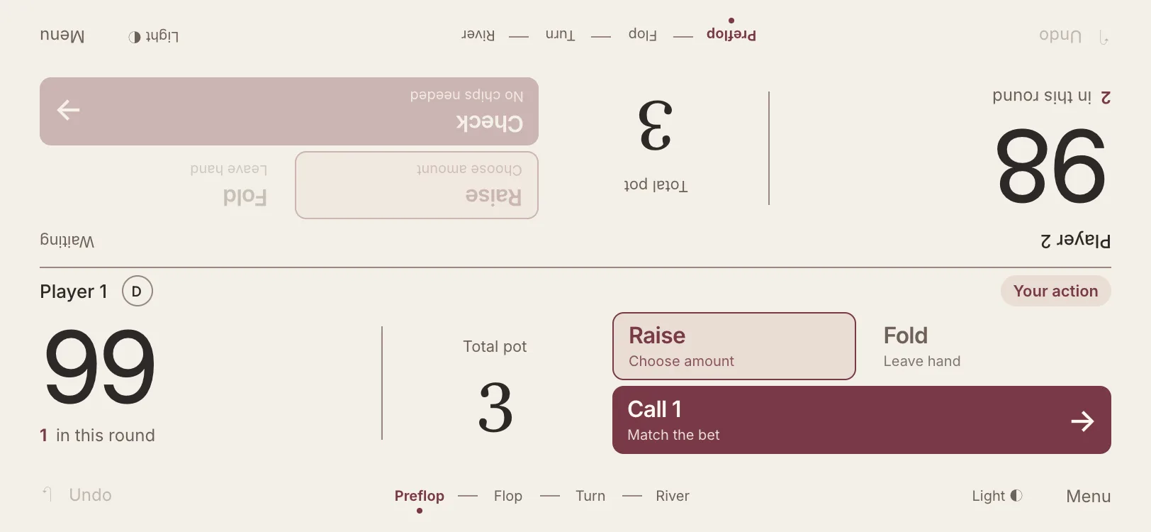 Pocket Poker mid-hand: the phone lies between two players, its top half turned to face the player opposite.